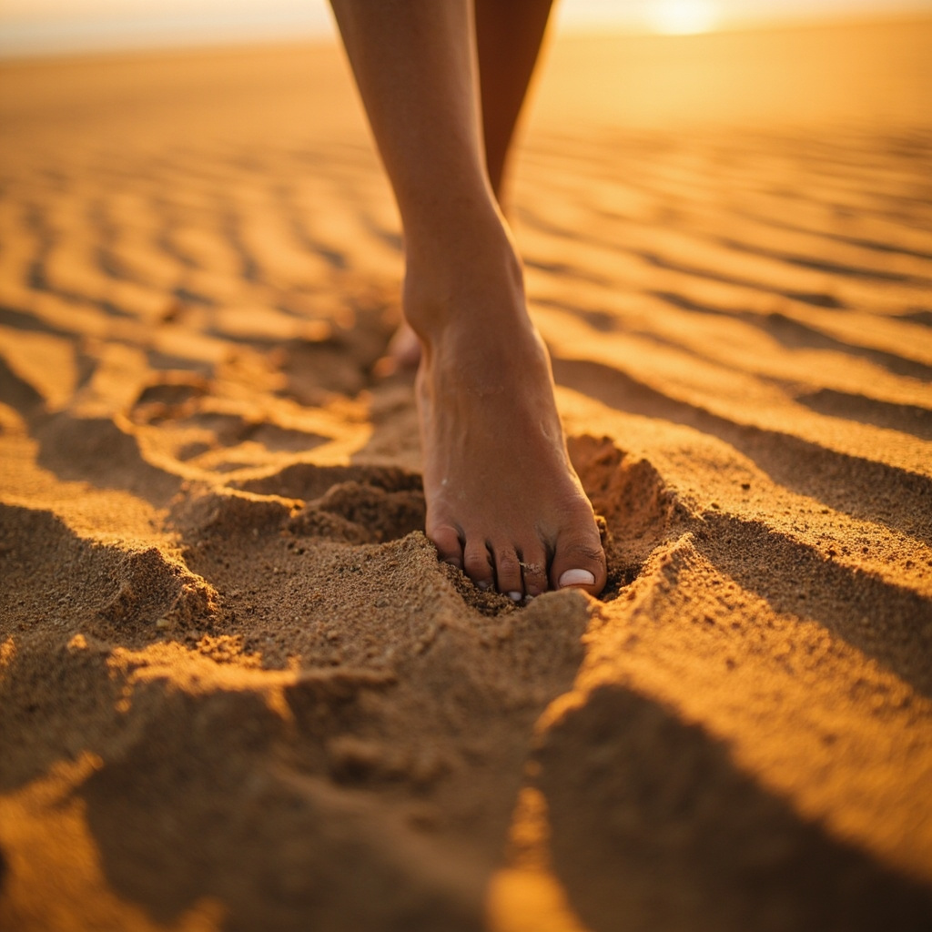 A serene, high-quality photograph of a person walking barefoot on soft, natural sand at sunrise, focusing on the connection between the foot and the earth, symbolizing stability and new beginnings.