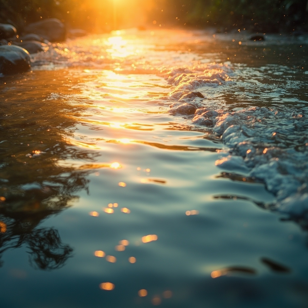 A serene, flowing river with crystal clear water reflecting a soft, golden sunrise, symbolizing clarity, movement, and the restoration of natural inner balance.
