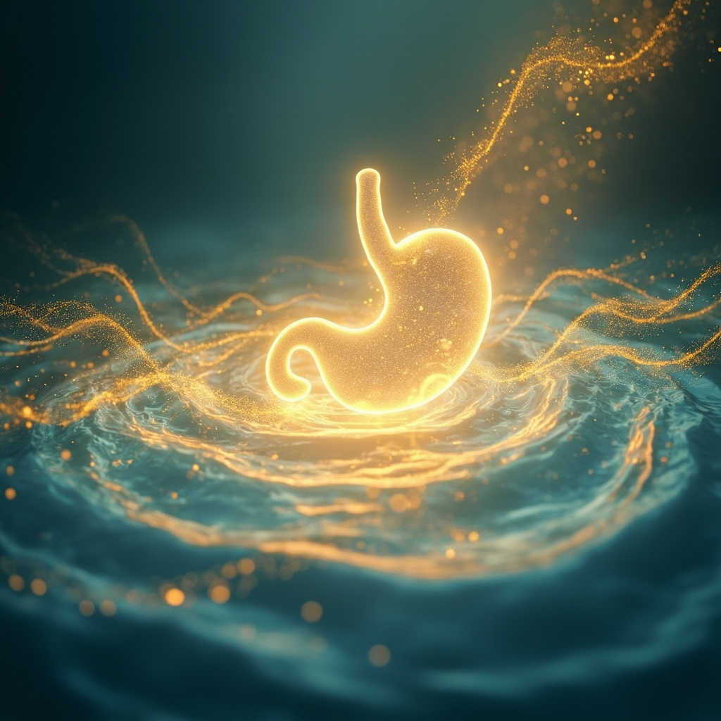 A serene, abstract digital art piece showing a glowing, healthy stomach silhouette surrounded by soft, harmonious light waves and gentle golden energy patterns, symbolizing inner balance and calm.