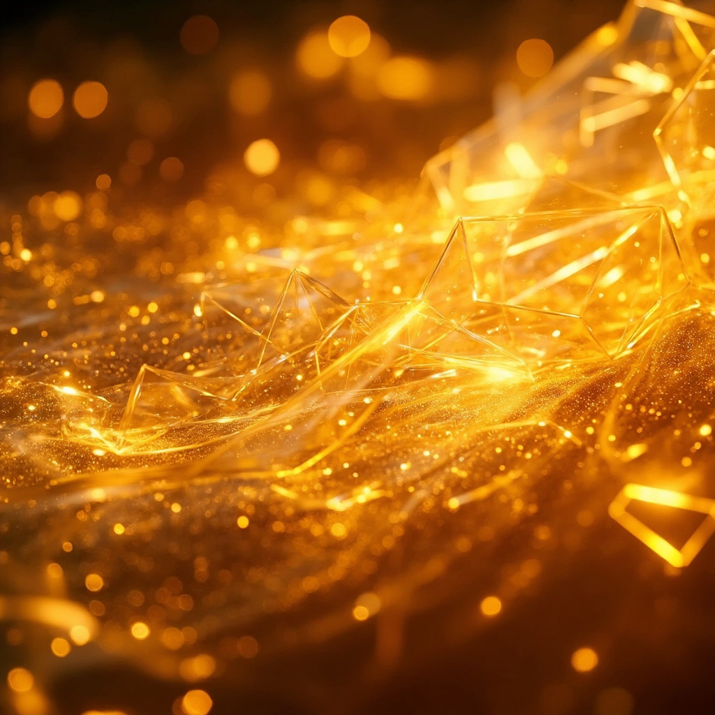 A calming, abstract visualization of geometric light patterns dissolving into soft, golden waves of energy, symbolizing the transformation of tension into harmony.