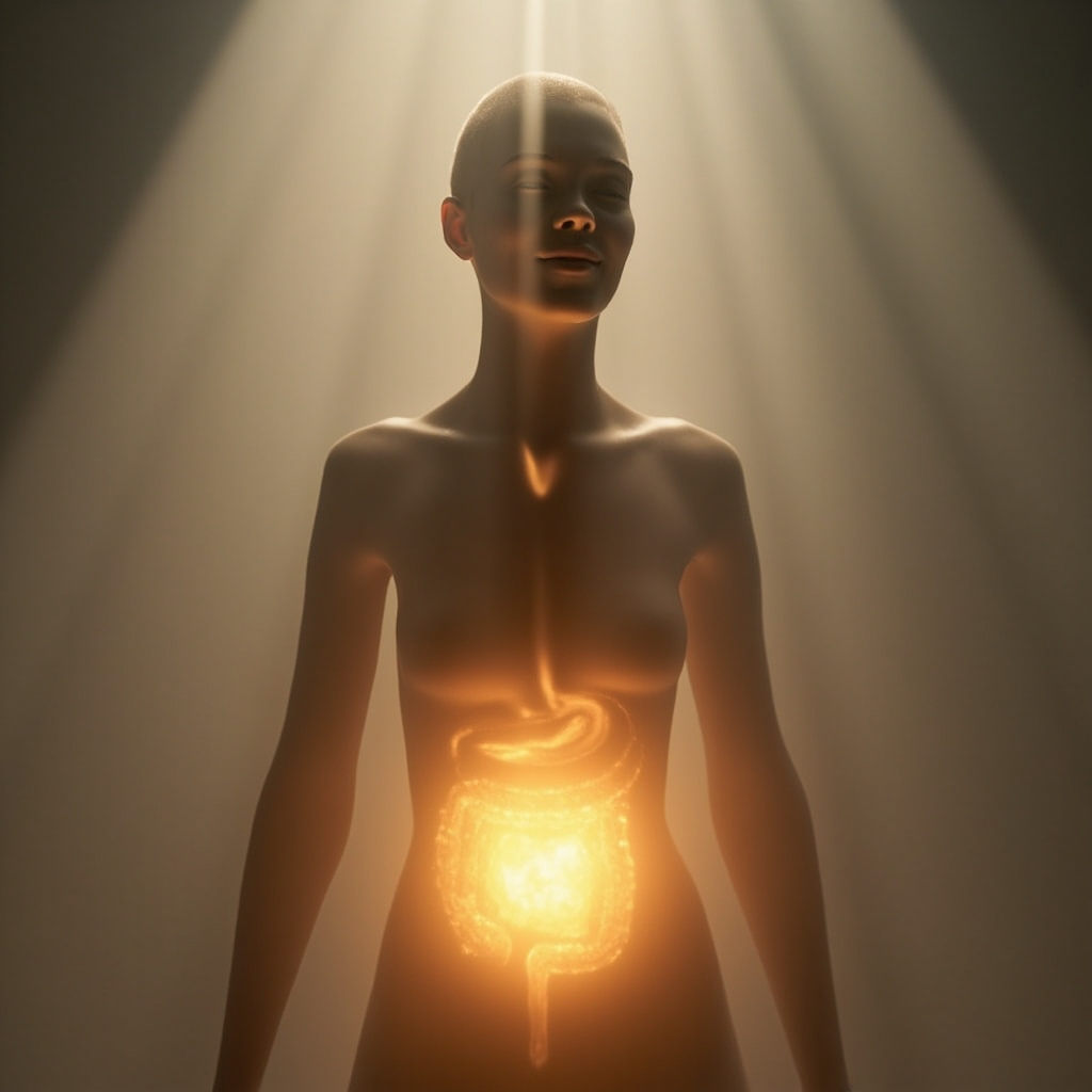 A high-quality, calm image of a human silhouette with a glowing, radiant light centered in the abdominal area, transitioning into a soft, healthy smile, illustrating the connection between gut and oral health.