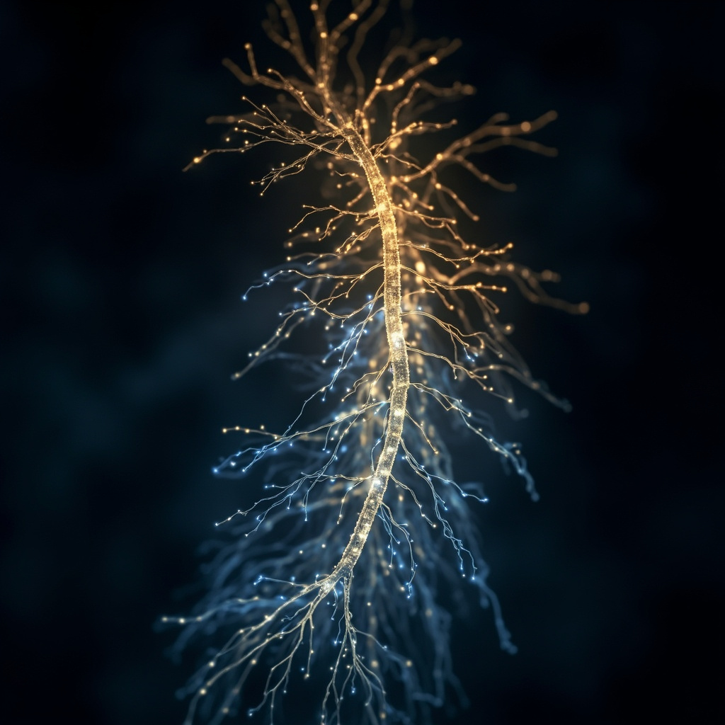 A calming, ethereal visualization of a glowing human nervous system integrated with soft, rhythmic light pulses, representing communication and flow.