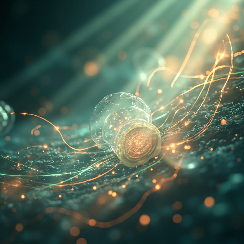 A serene, abstract visualization of light frequencies interacting with human cellular structures, symbolizing balance and restoration.