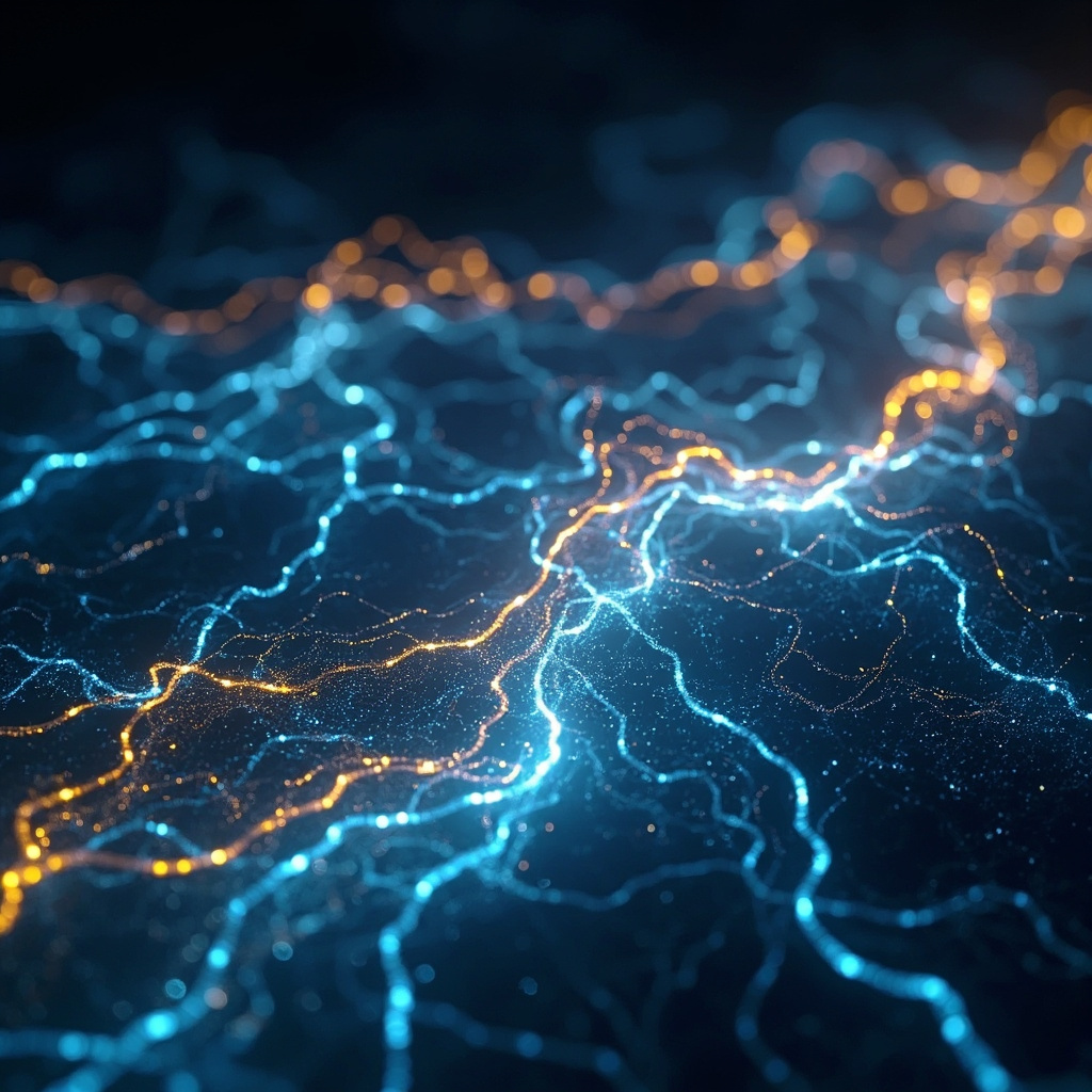 A high-quality, abstract visualization of a glowing, serene nervous system connected to soft, harmonious wave patterns in calming shades of blue and gold.