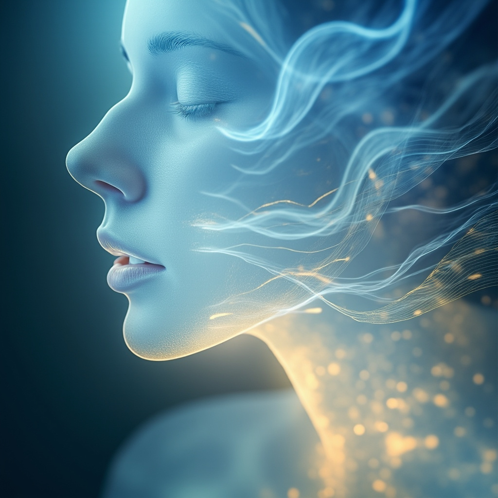 A serene, abstract visualization showing light waves and gentle energy patterns around a human throat area, soft blue and golden tones, professional and calming.