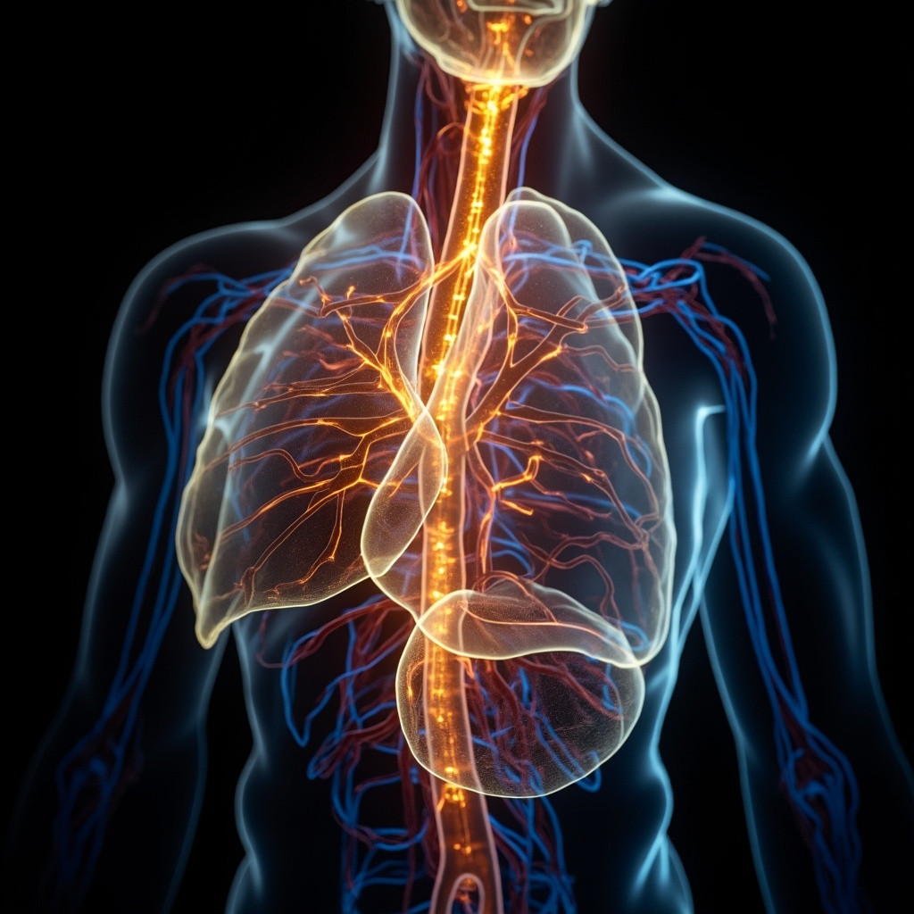 A high-quality, abstract visualization of the human circulatory system in soft golden and blue light, focusing on the right side of the body, with subtle energetic waves flowing through the veins, professional, medical art style.