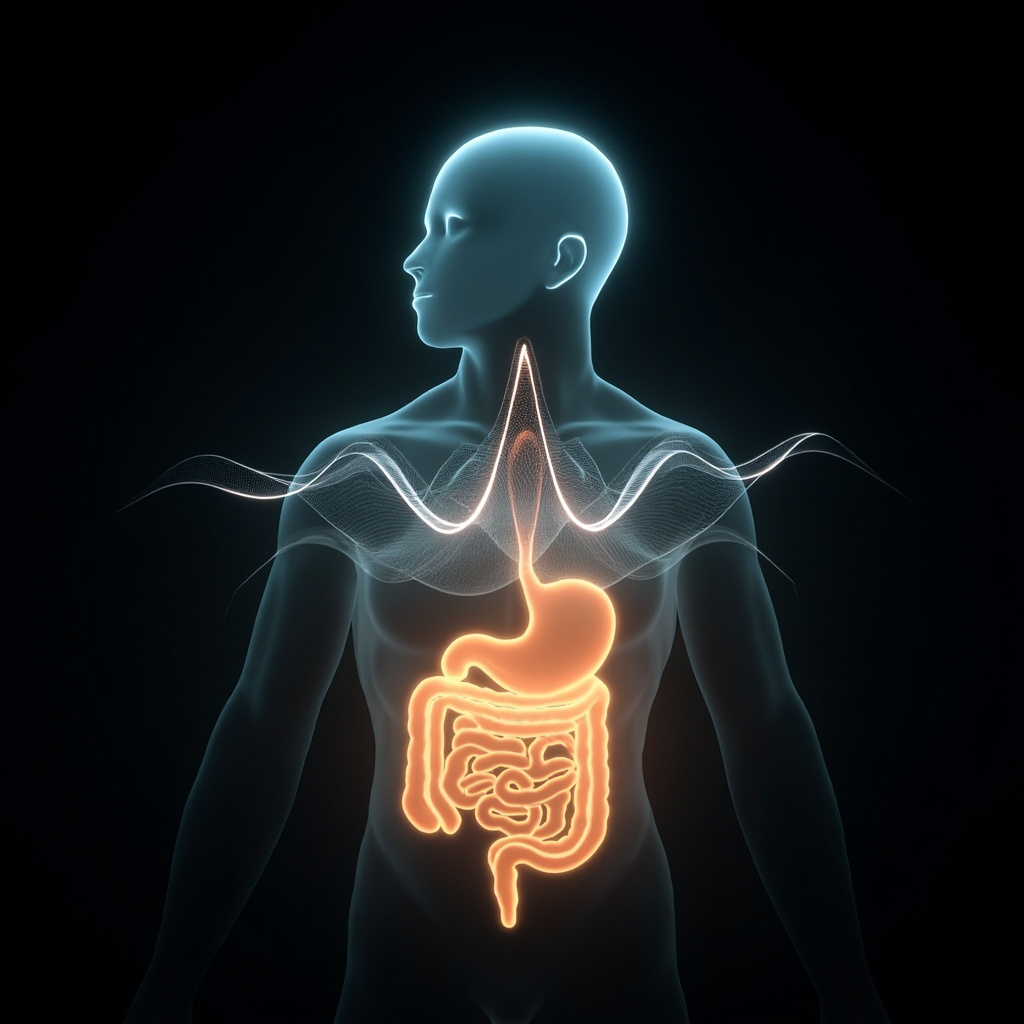 A serene, abstract visualization of glowing, rhythmic wave patterns connecting a silhouette of the human digestive system to a calm, balanced mind, professional and clean aesthetic.