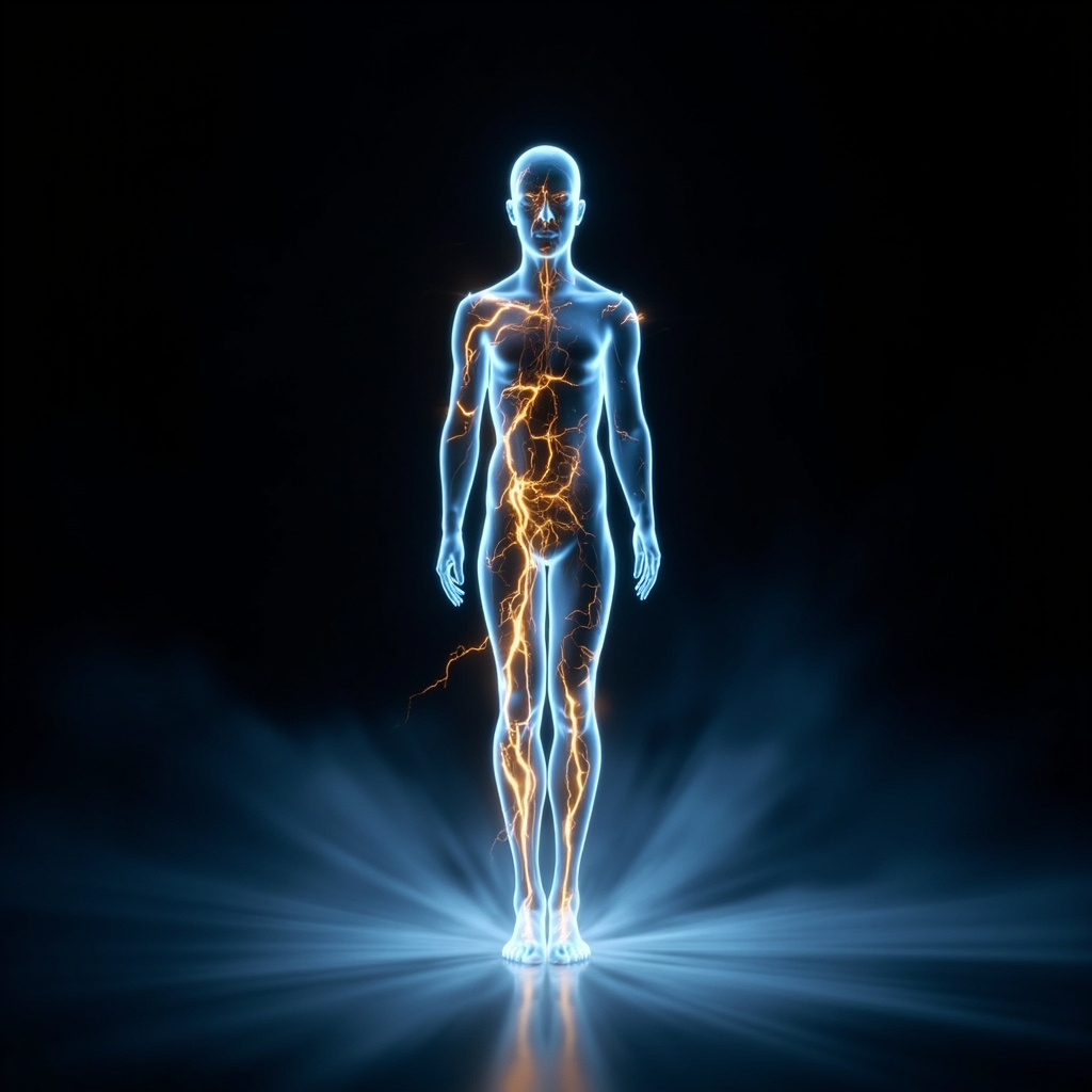 A serene, abstract visualization of glowing, rhythmic electrical waves flowing through a human silhouette, soft blue and golden tones, professional and calming aesthetic.