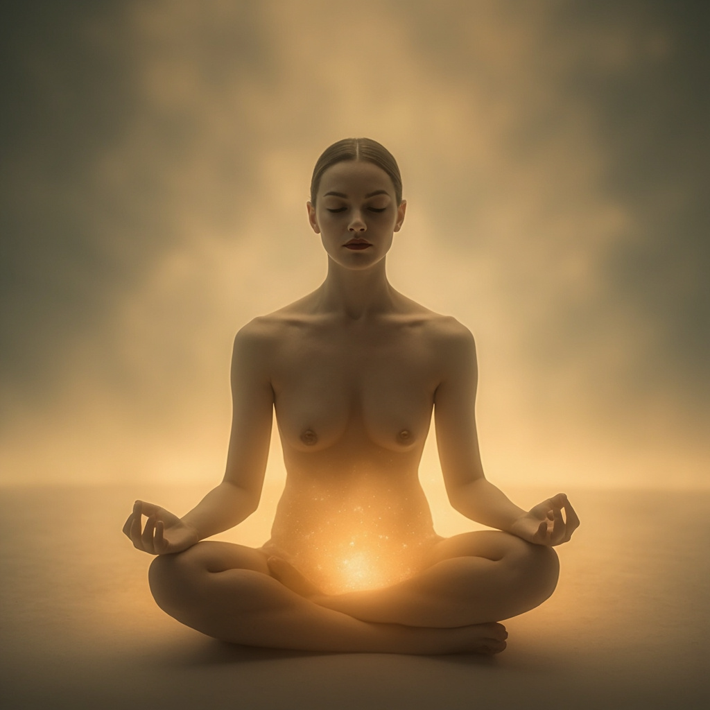 A professional, calming image of a person sitting in a meditative posture, with a subtle, glowing light visualization around the base of the spine to represent energy flow and structural grounding.