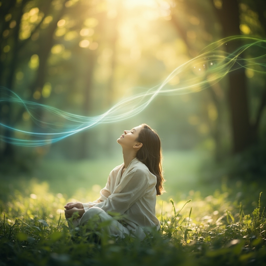 A high-quality, professional image showing a person in a peaceful, natural environment, with a subtle, soft-focus visualization of harmonious light waves, representing cellular balance and respiratory wellness.