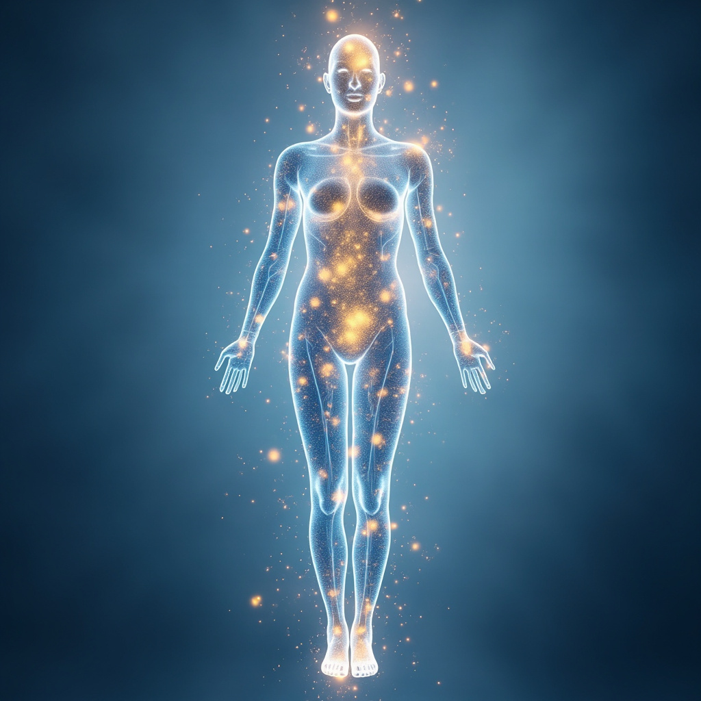 A calm, abstract visualization of a human silhouette with glowing, balanced energy meridians, soft blue and gold light, professional and healing aesthetic.