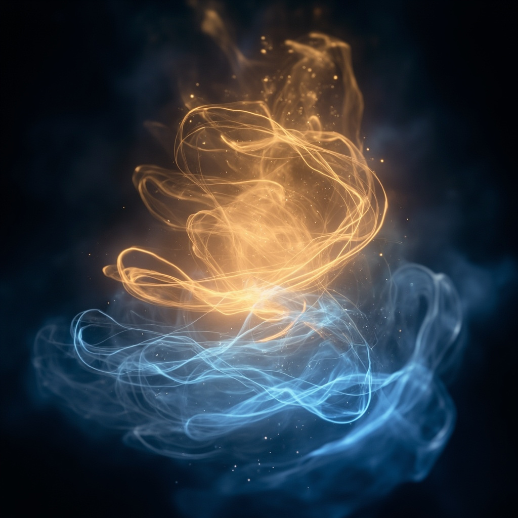 A calming, abstract visualization of flowing golden and blue light waves representing internal energy balance in the human abdomen.