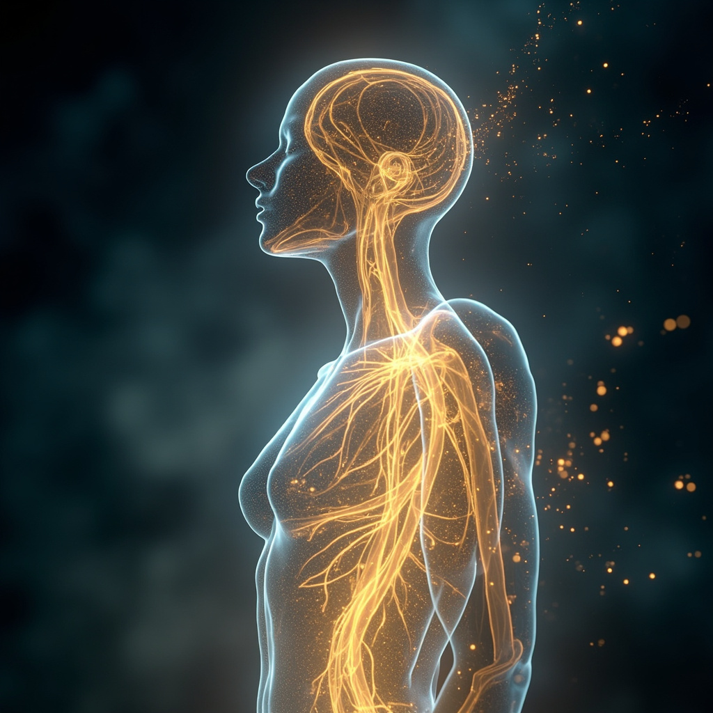 A serene, abstract visualization of light-filled, flowing pathways within the human body, representing healthy circulation and vibrant energy.