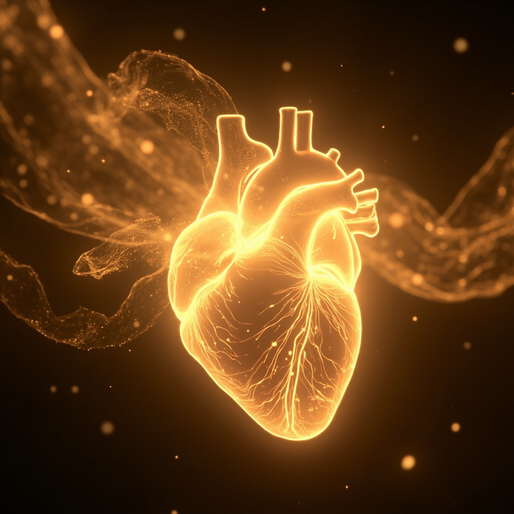 A serene, abstract visualization of a glowing, rhythmic human heart connected to soft, golden light currents representing harmony and flow.