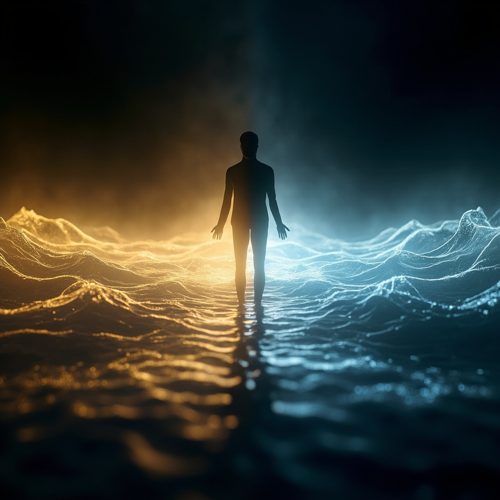 A serene, abstract visualization of glowing golden and soft blue light waves converging in the center of a human silhouette, representing balance and nervous system harmony.