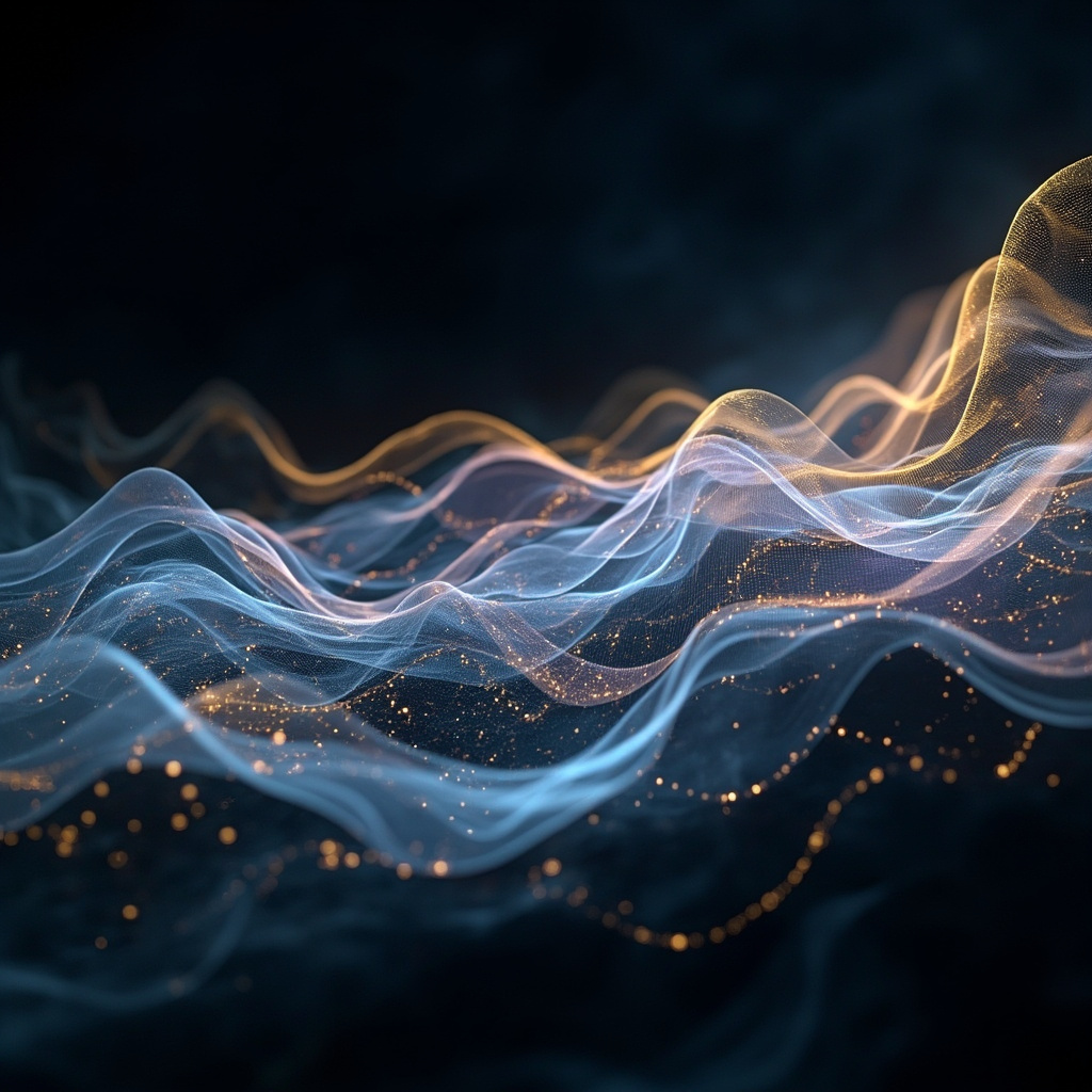 A serene, abstract visualization of soft light waves and golden geometric patterns gently merging in a dark, peaceful space, representing internal harmony and bio-electrical balance.