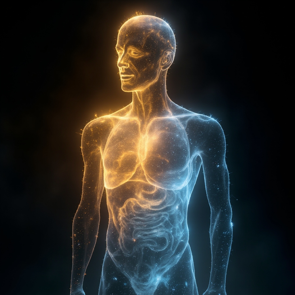 A serene, abstract visualization of human energy fields glowing with soft, harmonious golden and blue frequencies, representing internal balance and digestive calm.