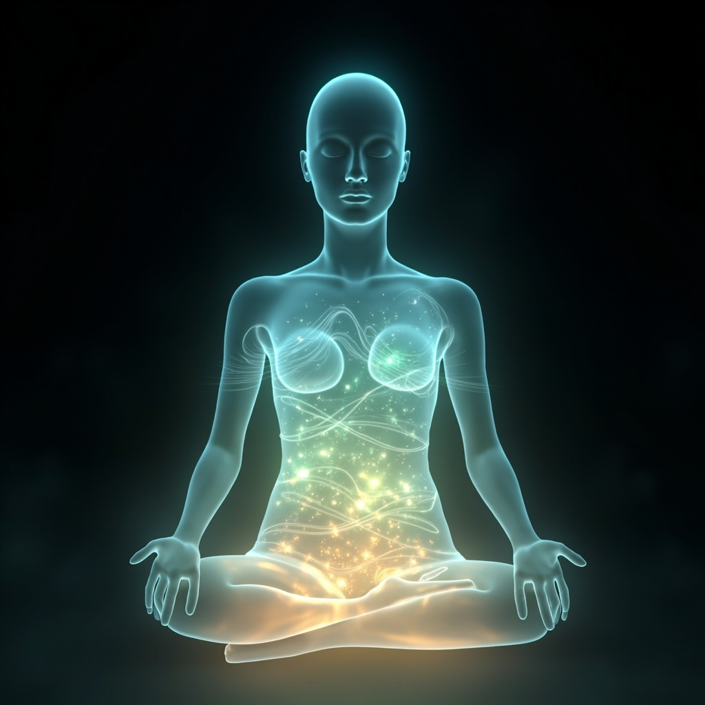 A serene, abstract visualization of soft, glowing light waves harmonizing within a human silhouette, representing deep cellular relaxation and nervous system balance.
