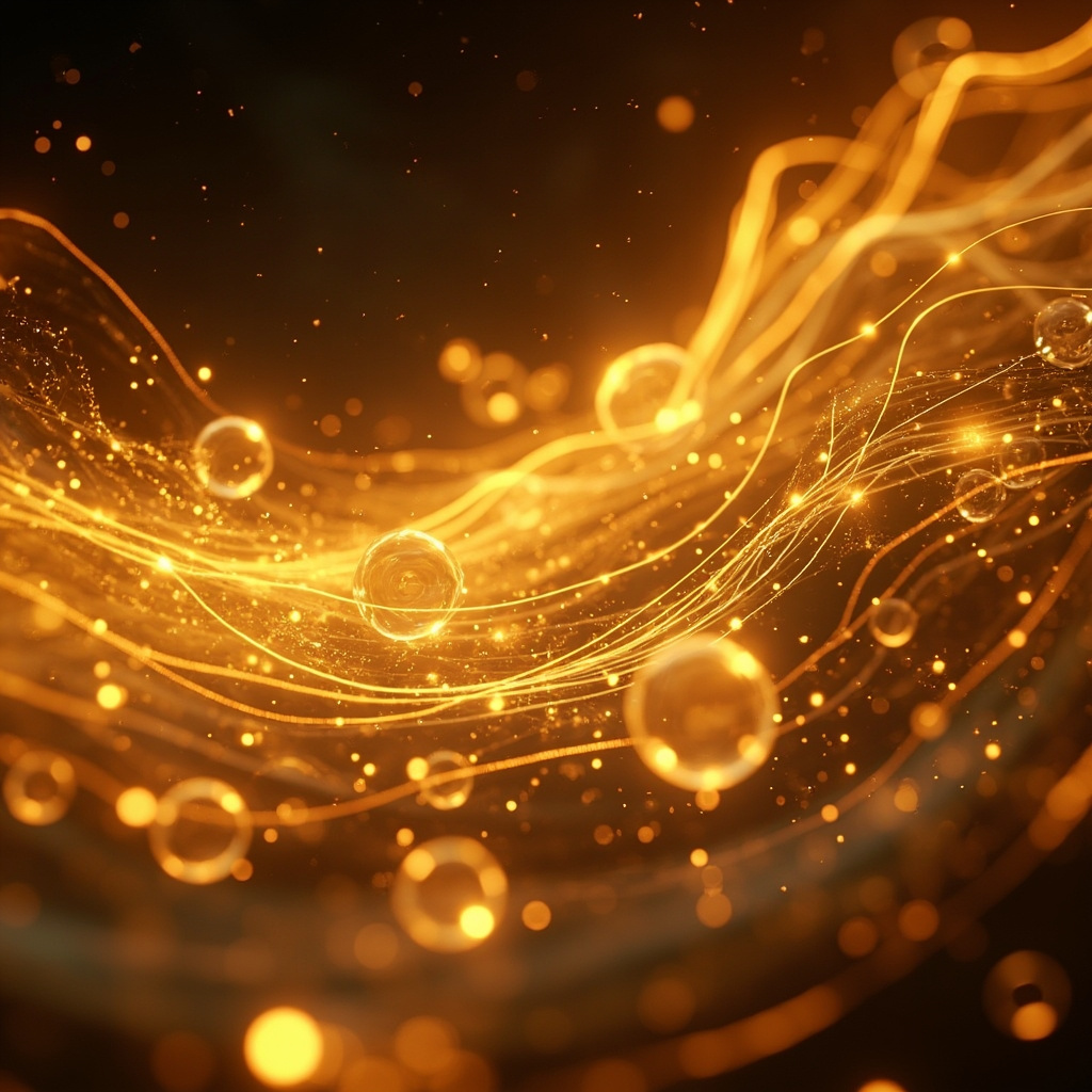 A serene, abstract visualization of glowing golden light waves interacting with cellular structures, representing harmony and biological balance.