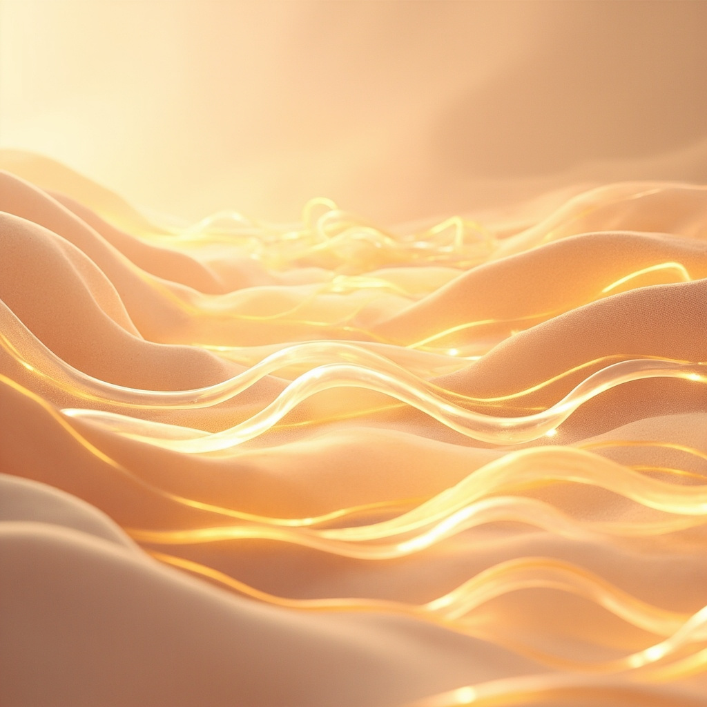 A calming, abstract visualization of soft, flowing light patterns moving through a gentle, organic landscape, representing internal harmony and digestive ease.