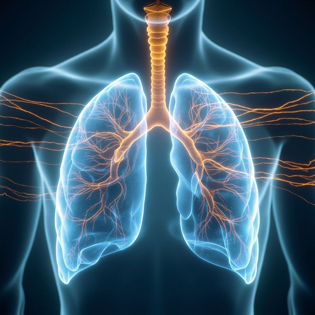 A serene, abstract visualization of light waves and human respiratory anatomy in soft, soothing blue and gold tones, representing harmonic resonance.