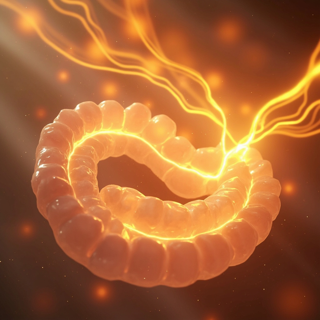 A serene, abstract visualization of rhythmic, glowing golden waves moving through a soft, translucent anatomical structure of the small intestine, representing flow and digestive harmony.