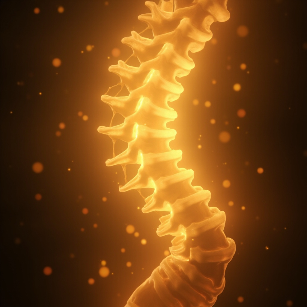 A serene, abstract visualization of the lower spine glowing with soft, golden light, symbolizing structural support and emotional grounding.