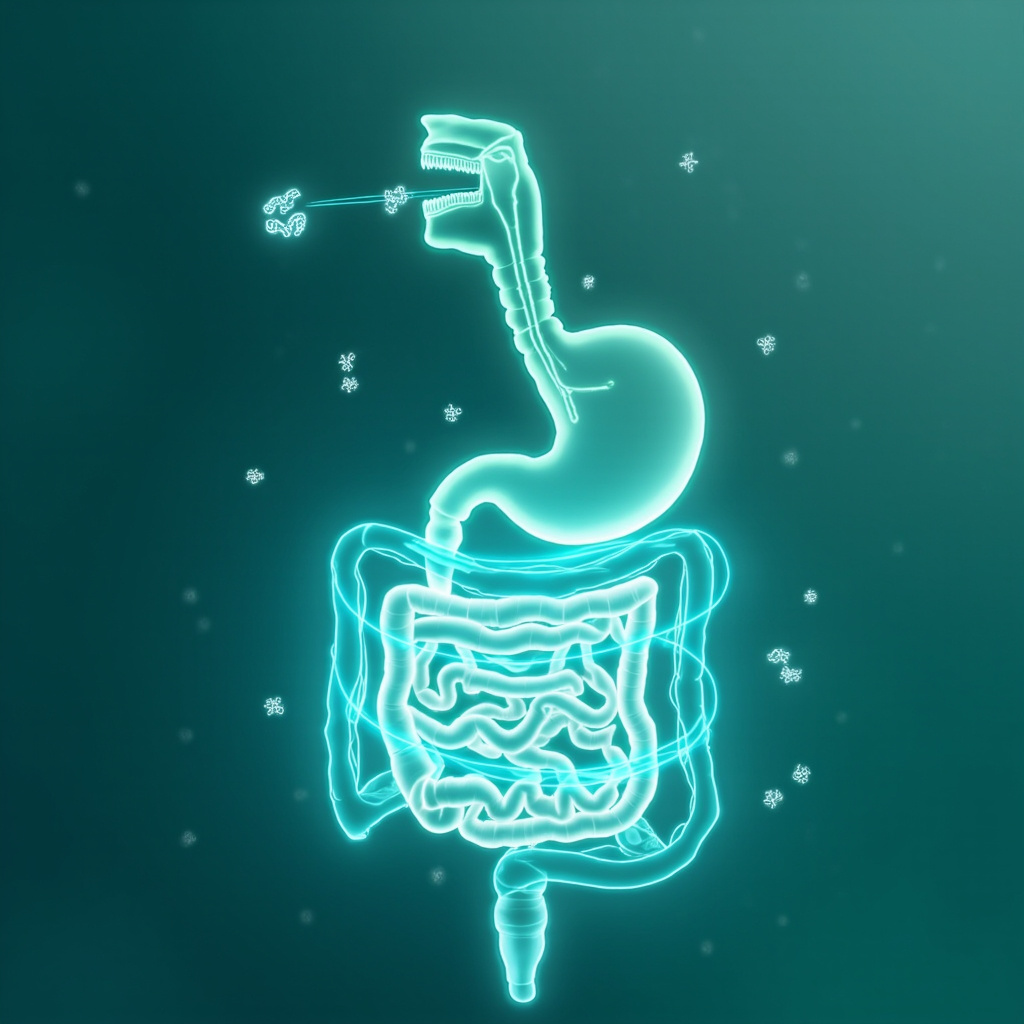 Illustration of mouth and intestines connected by glowing energy pathways with balanced bacteria icons, educational medical style, soft greens and blues, no text.