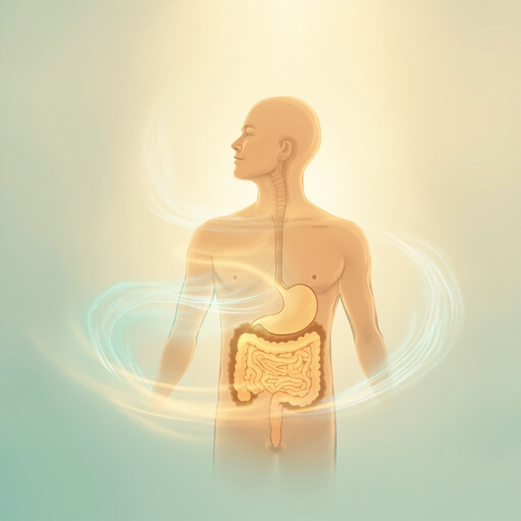 A serene, minimalist illustration of a human silhouette with glowing, harmonious light flow patterns moving through the digestive area, soft colors, professional and calming style.