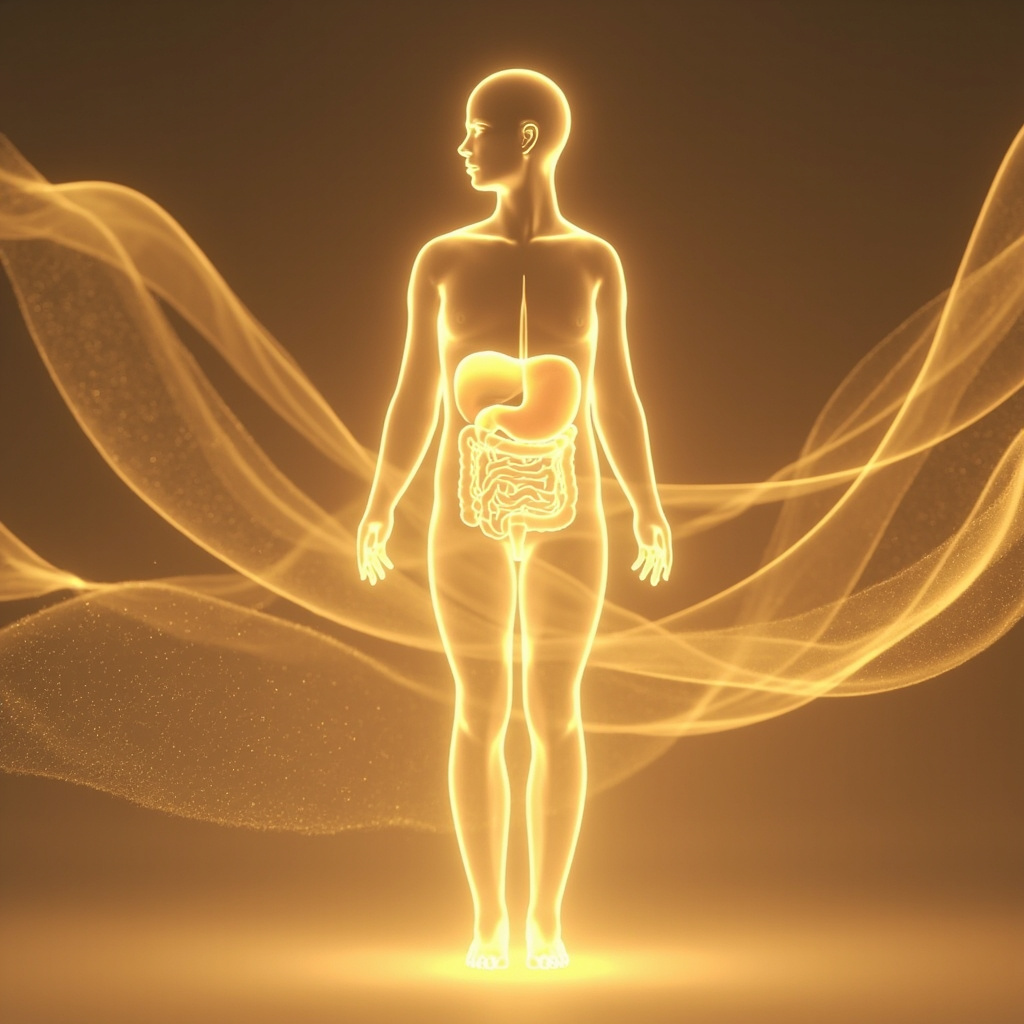 A serene, minimalist illustration showing the connection between the human silhouette, a glowing, balanced digestive center, and soft, flowing waves representing electrical harmony.