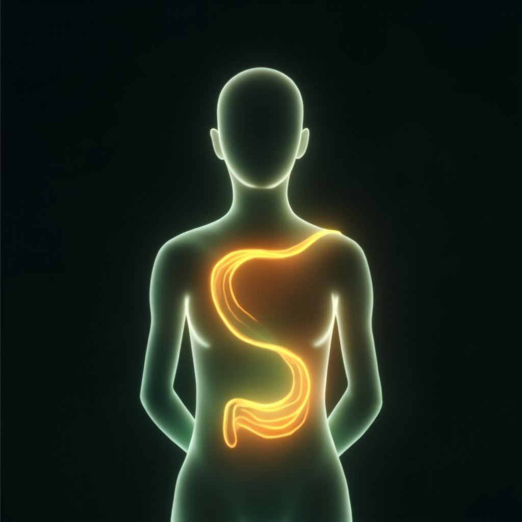 A serene, abstract illustration showing a glowing, rhythmic energy wave flowing through a human silhouette, symbolizing internal harmony and digestive balance.