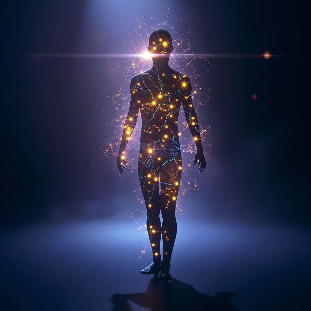 A calming, abstract image showing glowing, interconnected light pathways within a human silhouette, representing energy flow and balance.