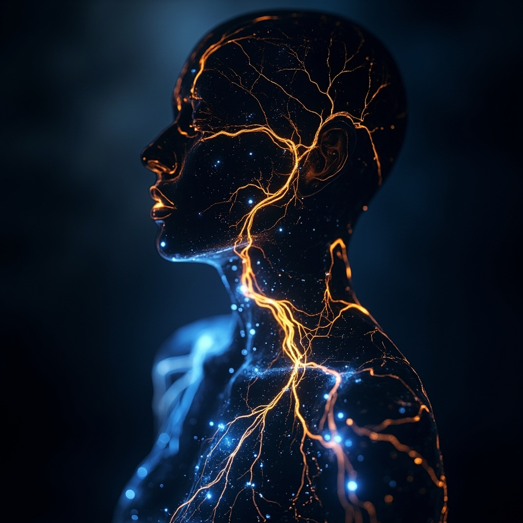 A calm, abstract visualization of glowing, interconnected golden and blue light pathways flowing through a human silhouette, representing internal harmony and biological rhythm.