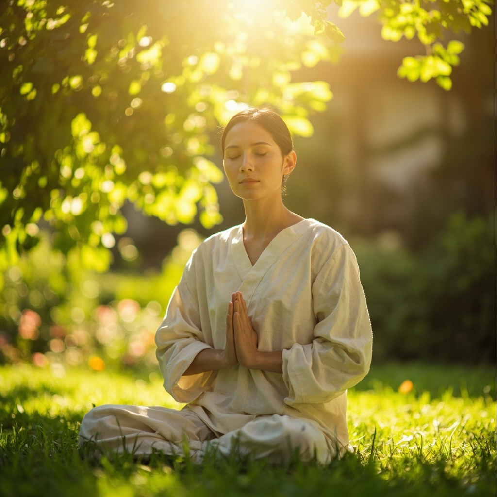 A high-quality, calming image of a person sitting in a peaceful, sunlit garden, practicing mindful breathing with hands gently placed on their abdomen, soft focus, natural colors.