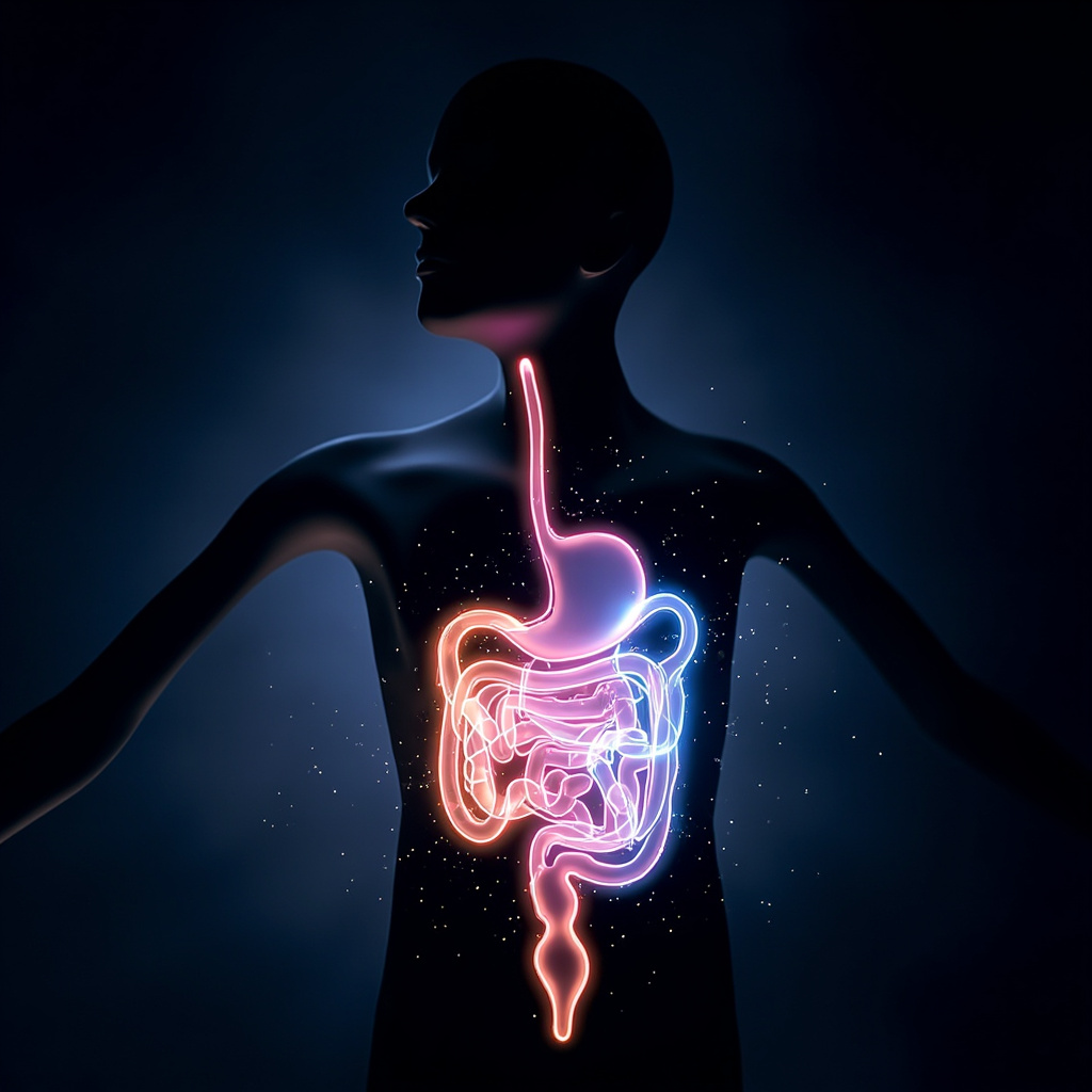 A serene, abstract representation of flowing light patterns integrated with a silhouette of the human digestive system, emphasizing harmony and electrical vitality.