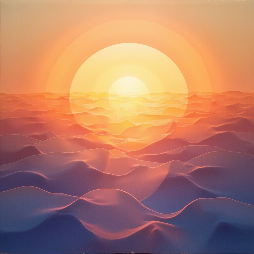 A serene, abstract representation of a sunrise blending into soft, flowing geometric patterns that symbolize internal balance and calm.