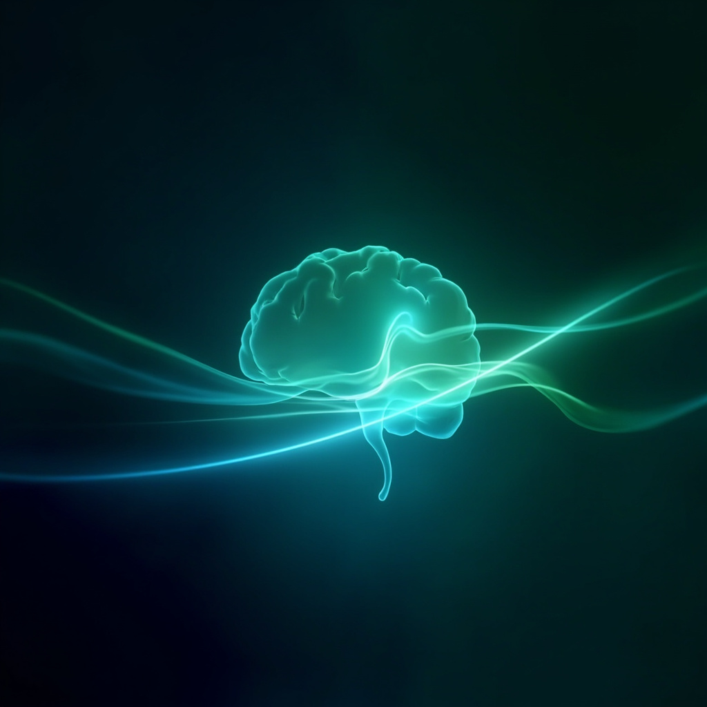 A serene, abstract representation of flowing energy lines connecting the gut and brain, soft blue and green tones, professional and calming aesthetic.