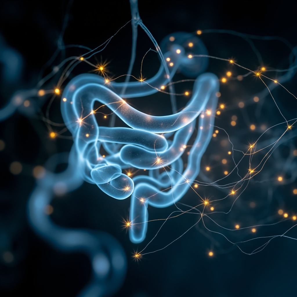 A calm, abstract representation of a glowing, harmonious digestive system connected to a neural network, soft blue and golden light, high quality, professional photography style.