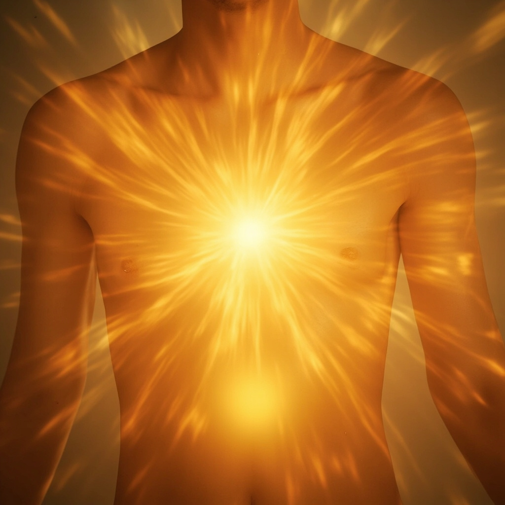 A serene, abstract representation of a glowing, golden-hued center in the human torso, with soft, flowing light rays radiating outward, symbolizing energy, vitality, and inner balance, high quality, professional photography style, minimal and clean aesthetic.