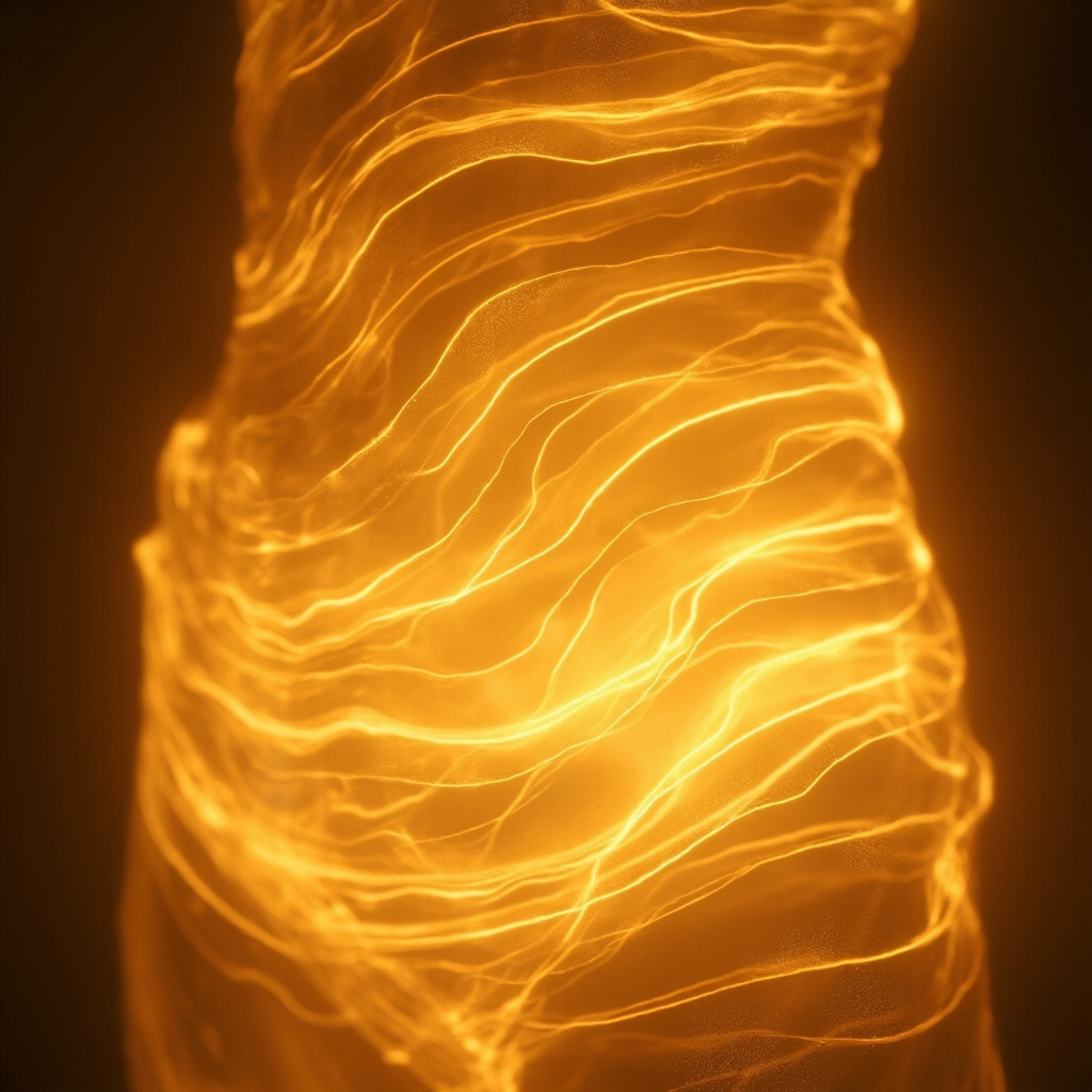 A serene, abstract representation of a calm, glowing abdominal area with soft, flowing golden light patterns, representing internal harmony and balance.