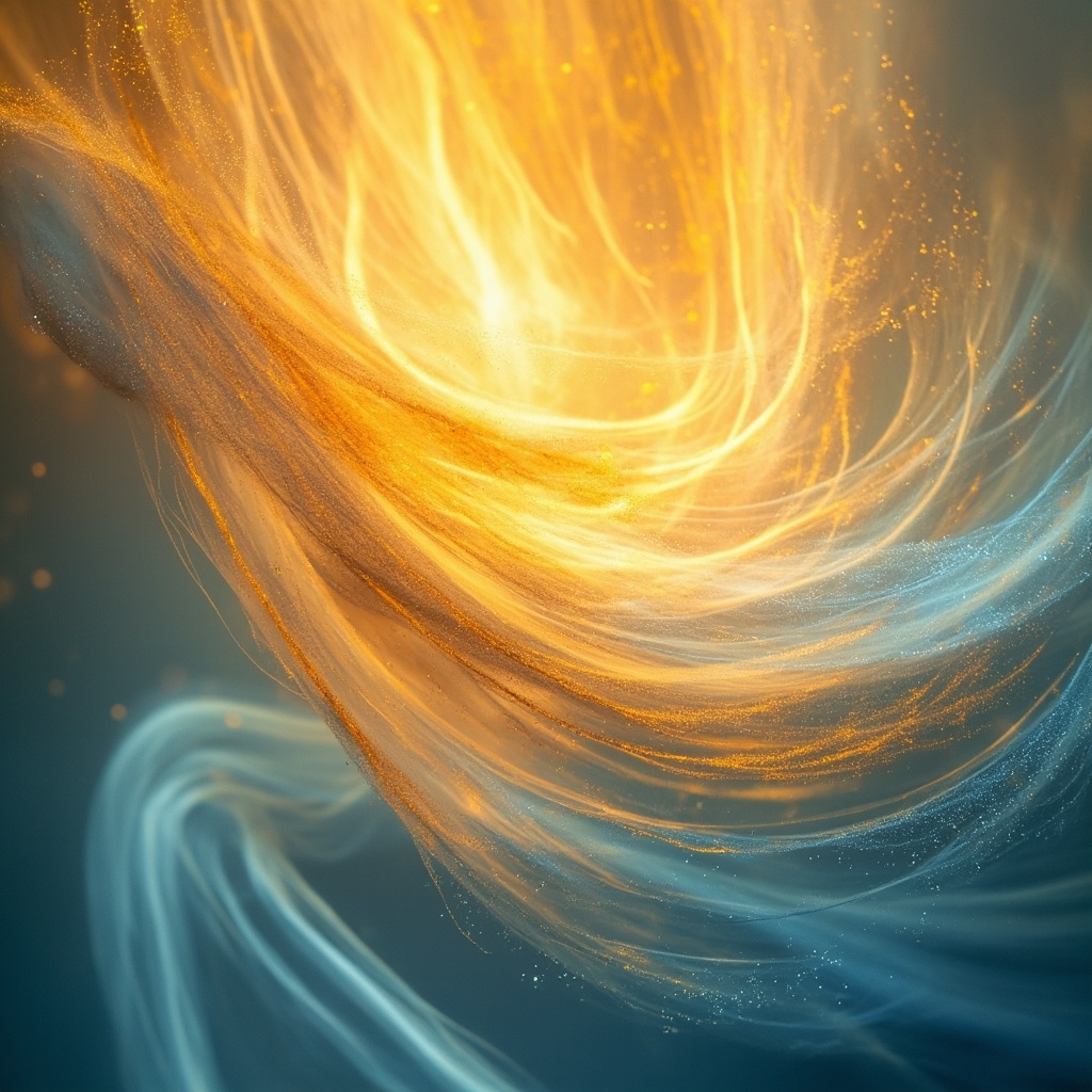 A serene, abstract representation of flowing lines centered around the human torso, with warm, golden tones representing vitality and soft blues representing calm and digestive ease.