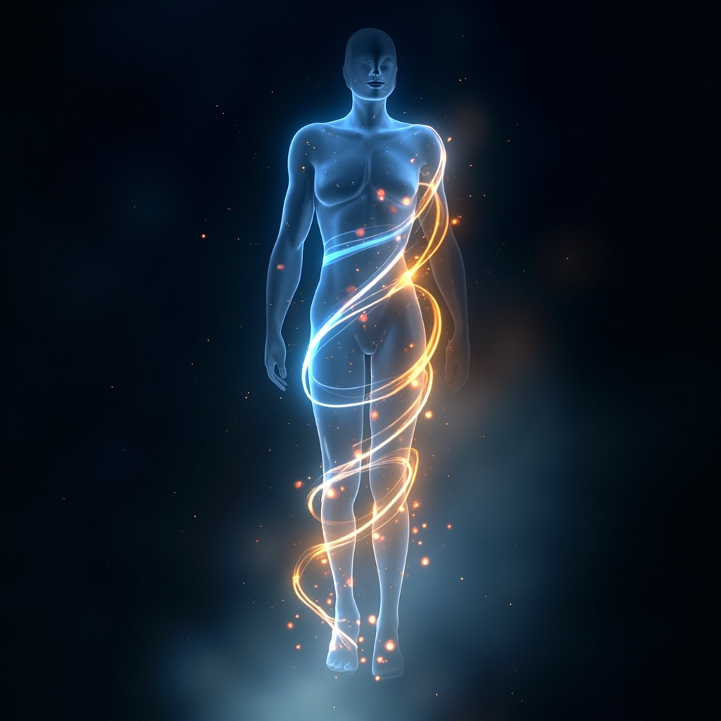 A serene, abstract representation of a glowing, rhythmic energy flow inside a human silhouette, soft blue and golden colors, digital art style.