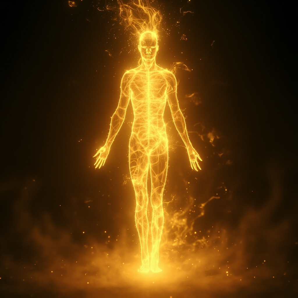A serene, abstract representation of a glowing, golden energetic flow moving through a human silhouette, soft lighting, calm and healing atmosphere.