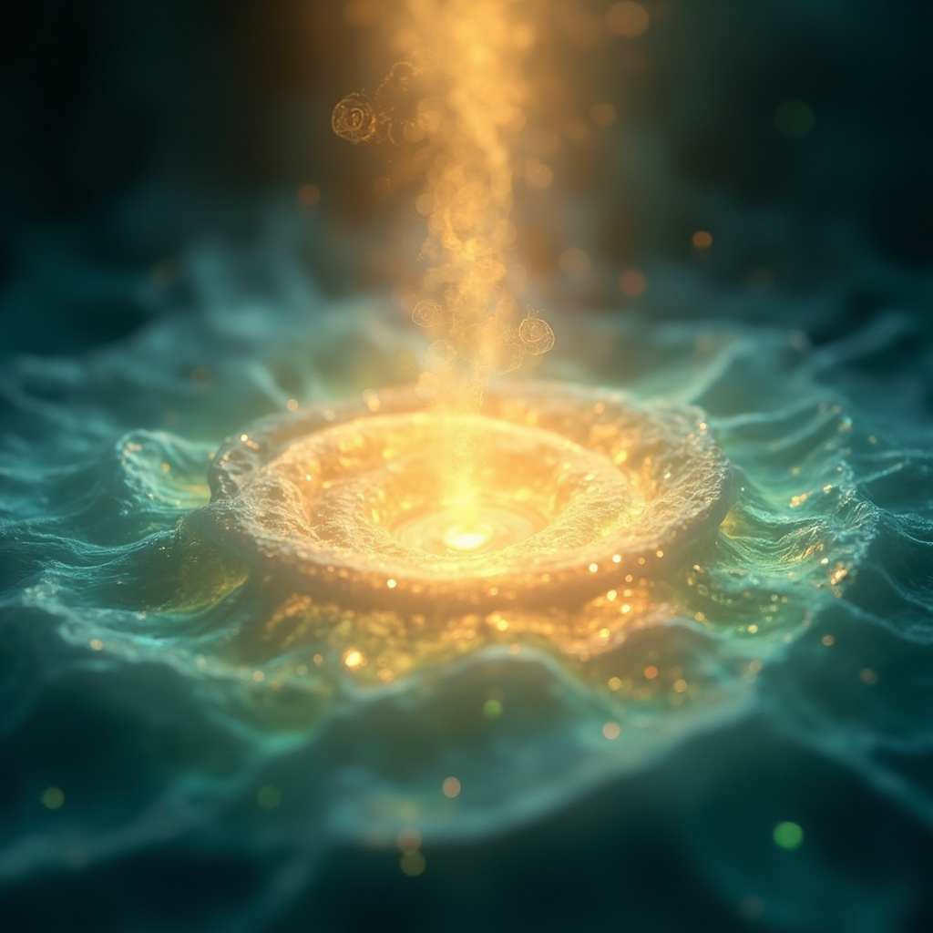 A soft, abstract representation of a warm, golden energy flow centered in the middle of the torso, surrounded by calming blue and green light ripples, high quality, serene atmosphere.