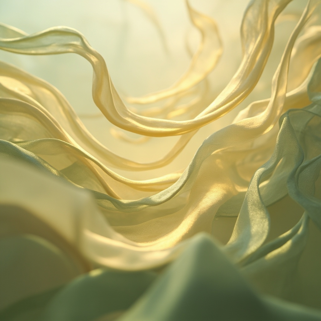 A serene, abstract representation of flowing light and organic shapes, soft colors like sage green and warm gold, symbolizing harmony and inner balance.