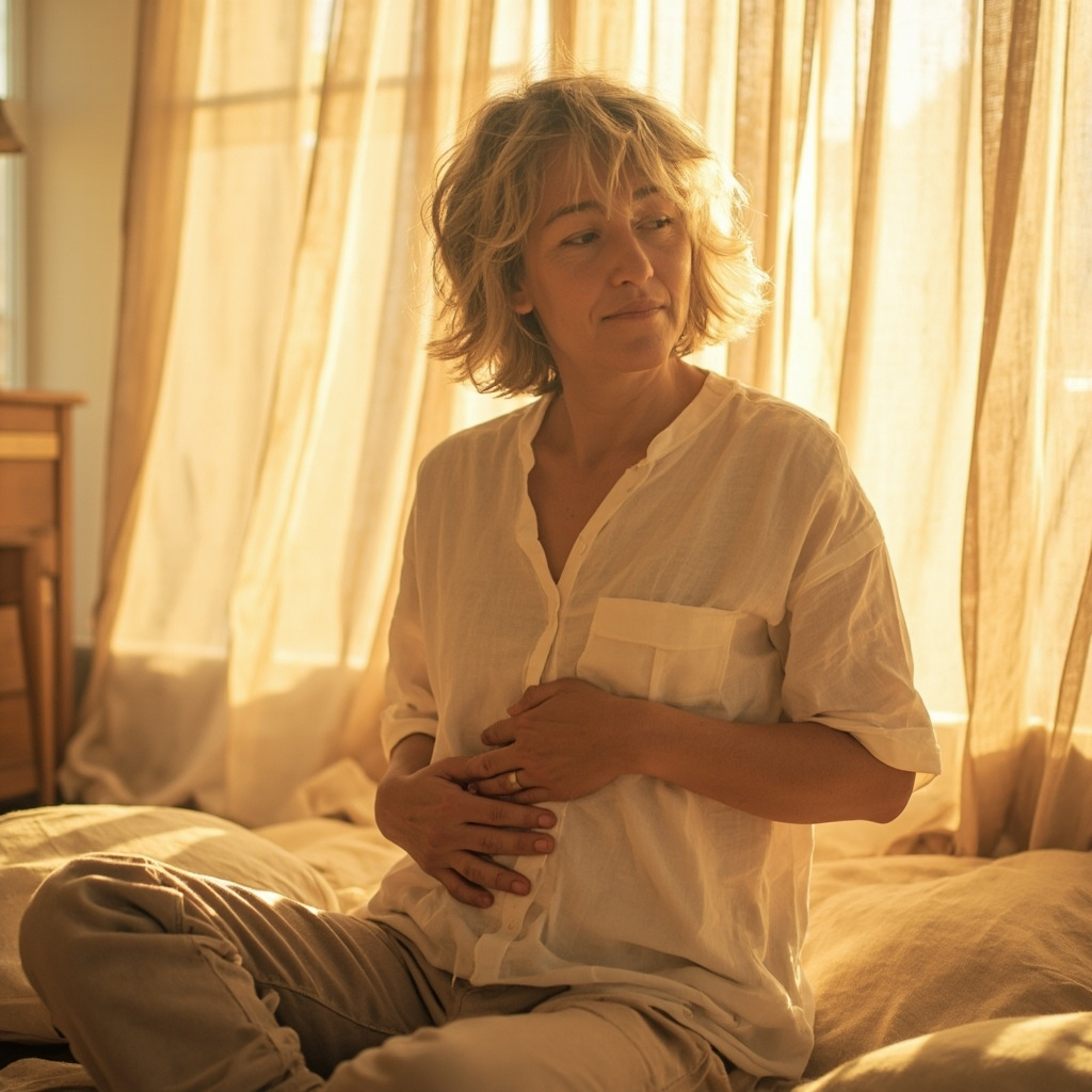 A soft-focus, calming image of a person sitting in a peaceful, sunlit room, holding their hand gently over their stomach, representing internal balance and digestive comfort.