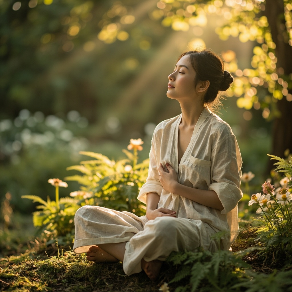 A high-quality, calming image of a person sitting in a serene garden with soft, natural light, representing inner peace and digestive harmony.