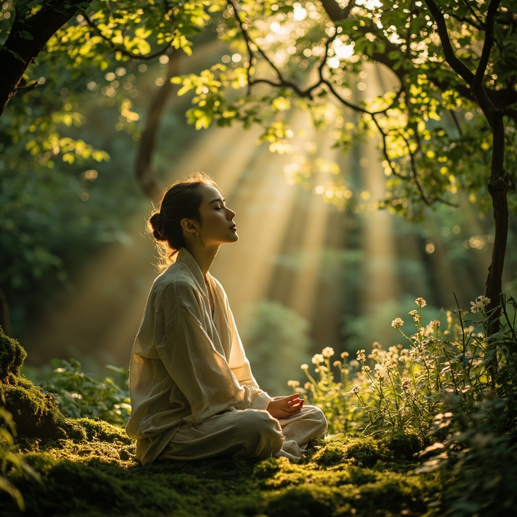 a soft, tranquil image of a person sitting in a peaceful garden, light filtering through trees, representing gentle digestive ease and inner balance
