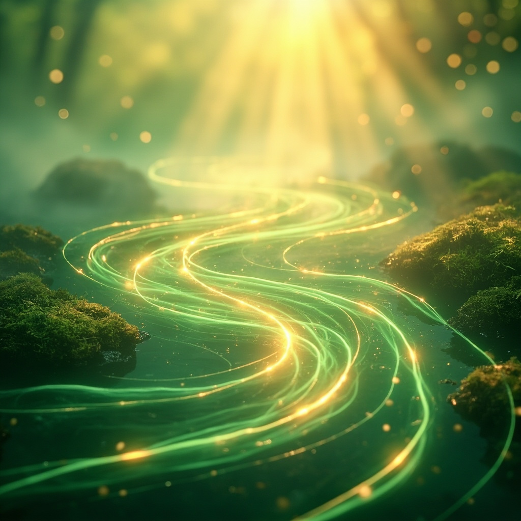 A calming, abstract image representing the flow of energy and the gallbladder meridian, featuring soft greens and golden light in a serene, natural environment.