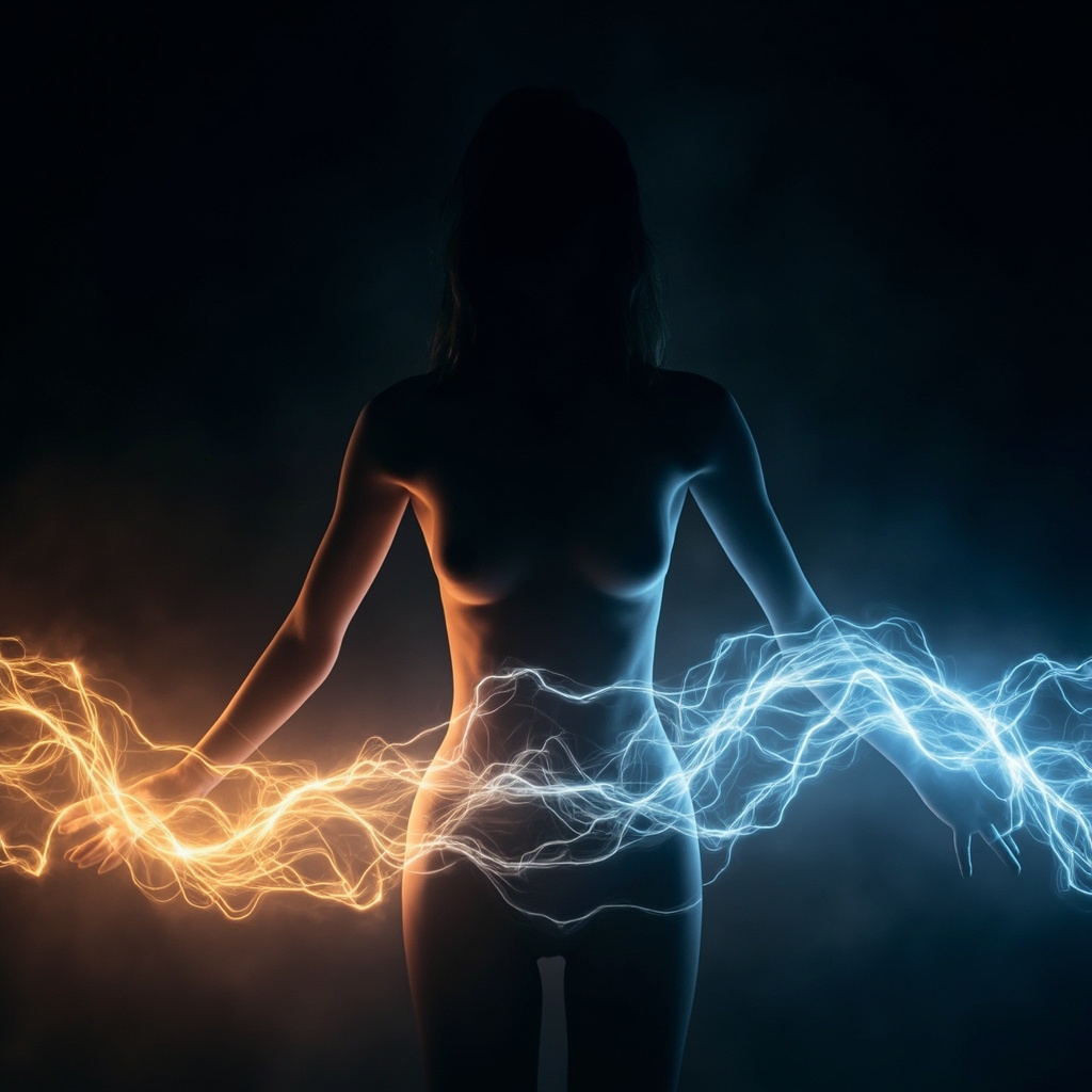A high-quality, serene image of soft, glowing light waves interacting with a silhouette of a human form, representing electrical harmony and balance.